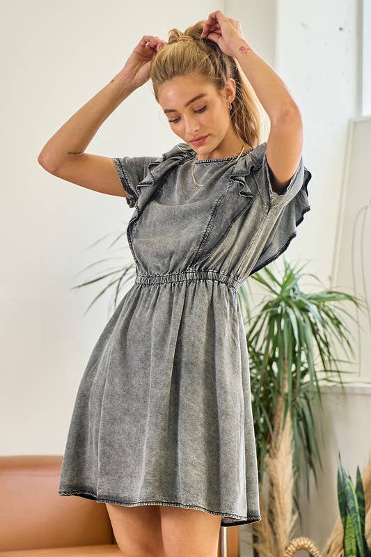Short Sleeve Ruffle Denim Dress - 26840D