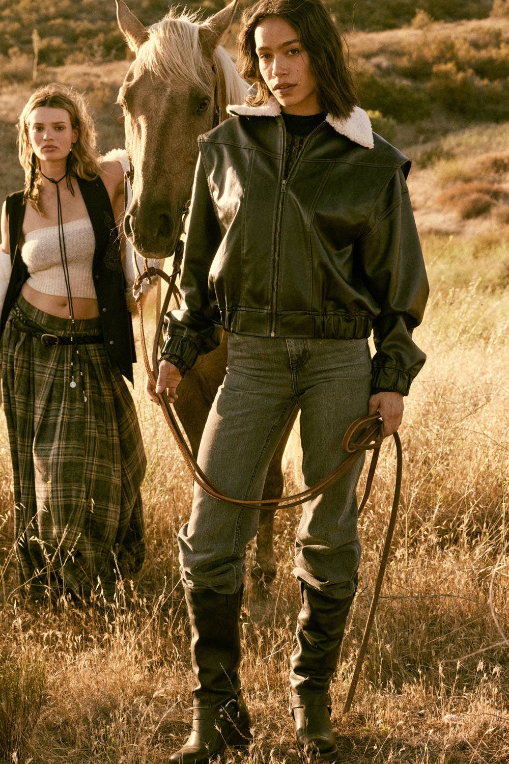Faux Leather Shearling-Collar Zip-Up Bomber Jacket
