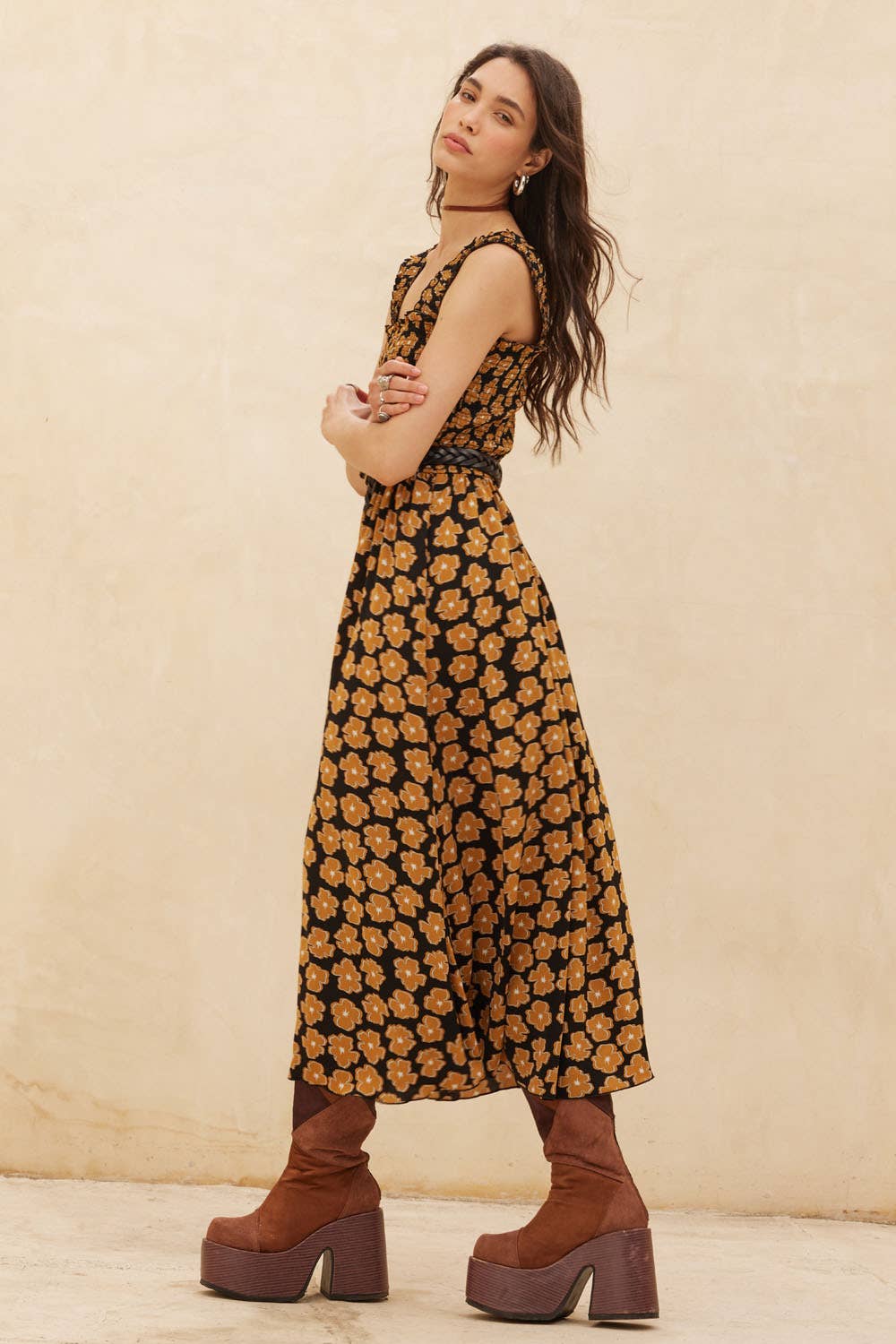 Floral-Print Fit-and-Flare Smocked Midi Dress