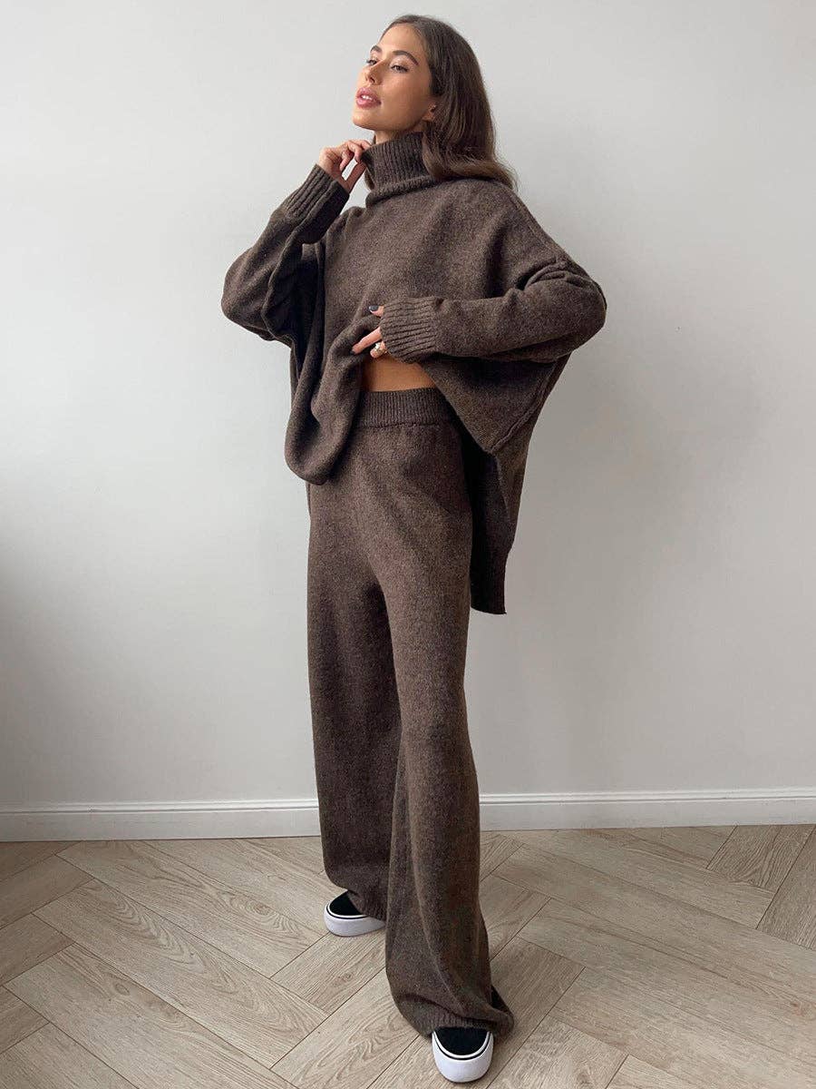 Loose High Collar Knit Set - Coffee