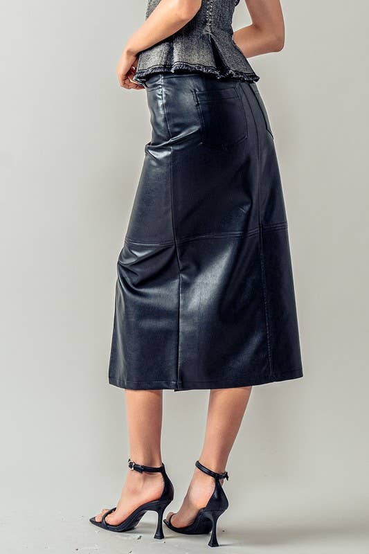 Faux Leather Front Slit Midi Skirt