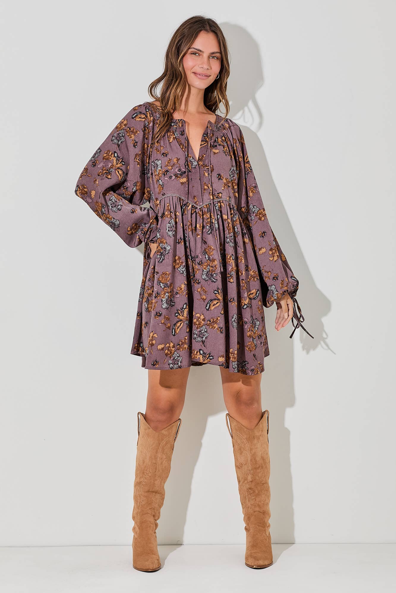 PRINTED FLORAL MINI DRESS LONG SLEEVE