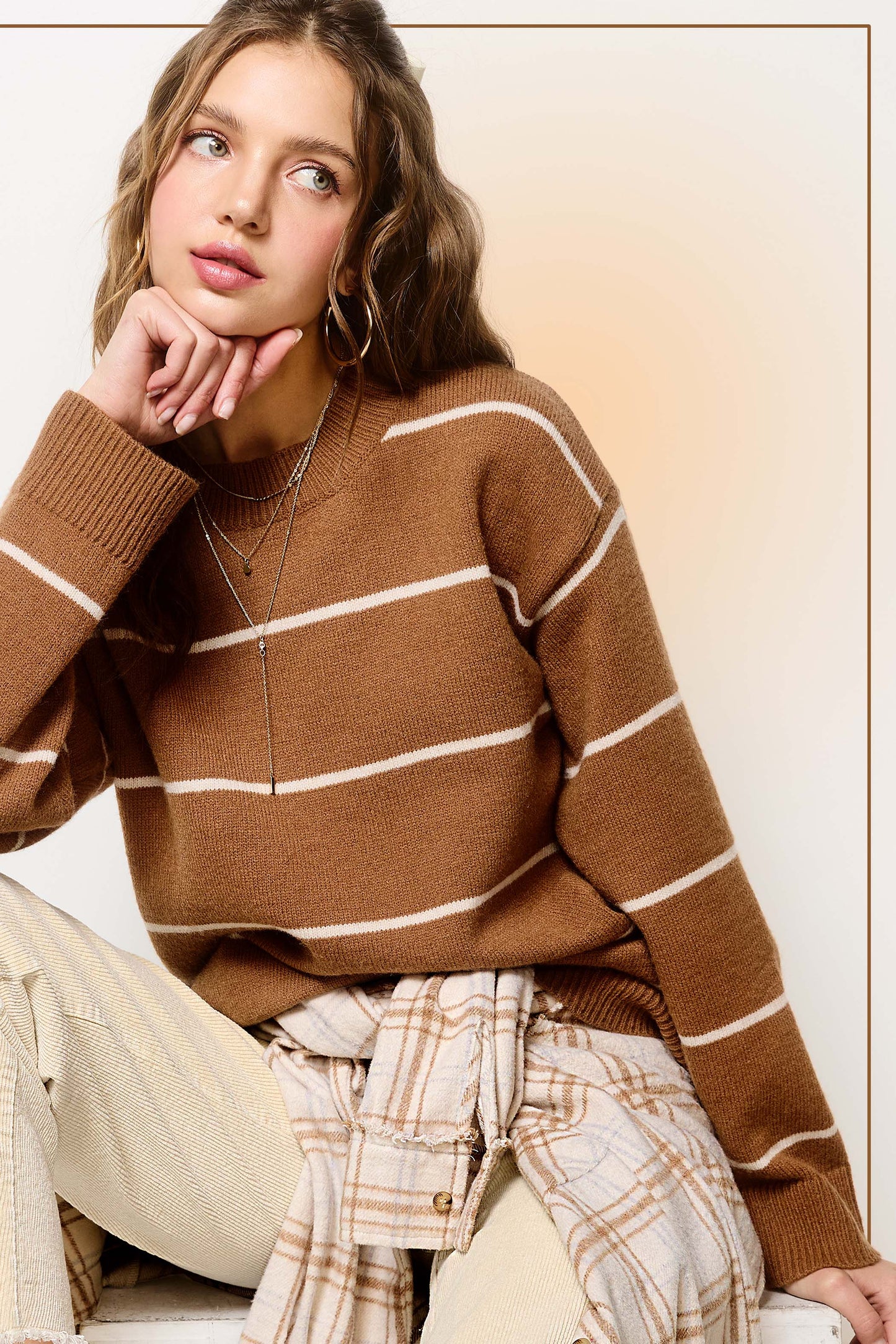 HCS3553-Loose Fit Stripe Long Sleeve Crewneck Sweater
