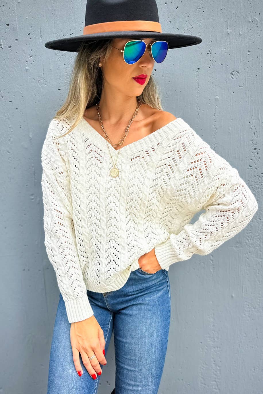 Ivory Textured Twist Detail Back Knitted Sweater Top