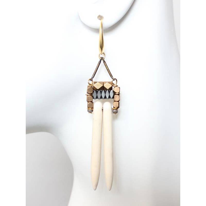 Geometric white spike and hematite earrings