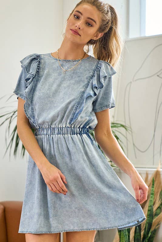 Short Sleeve Ruffle Denim Dress - 26840D