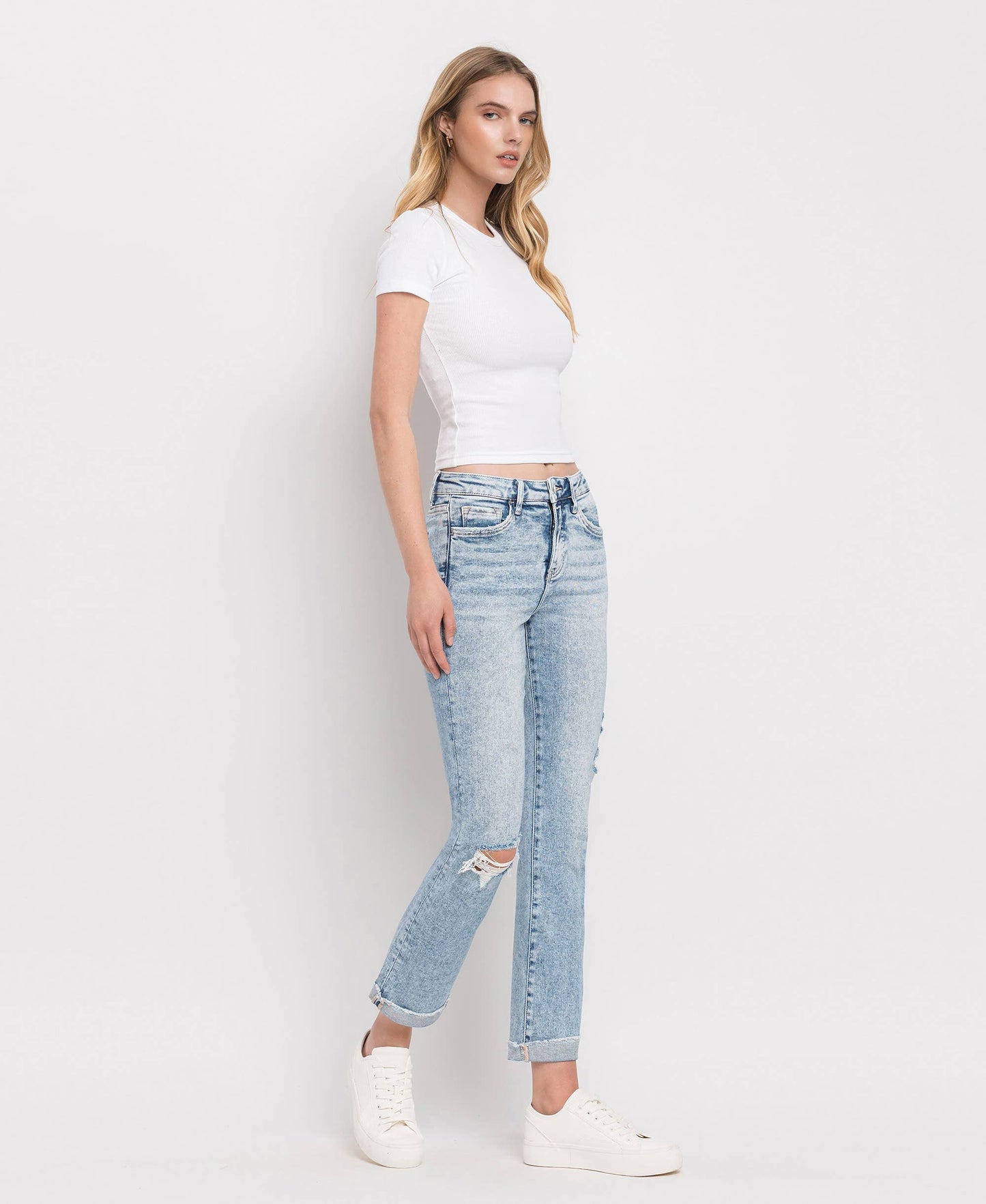 TUMMY CONTROL HIGH RISE CUFF SLIM STRAIGHT JEANS LV1302