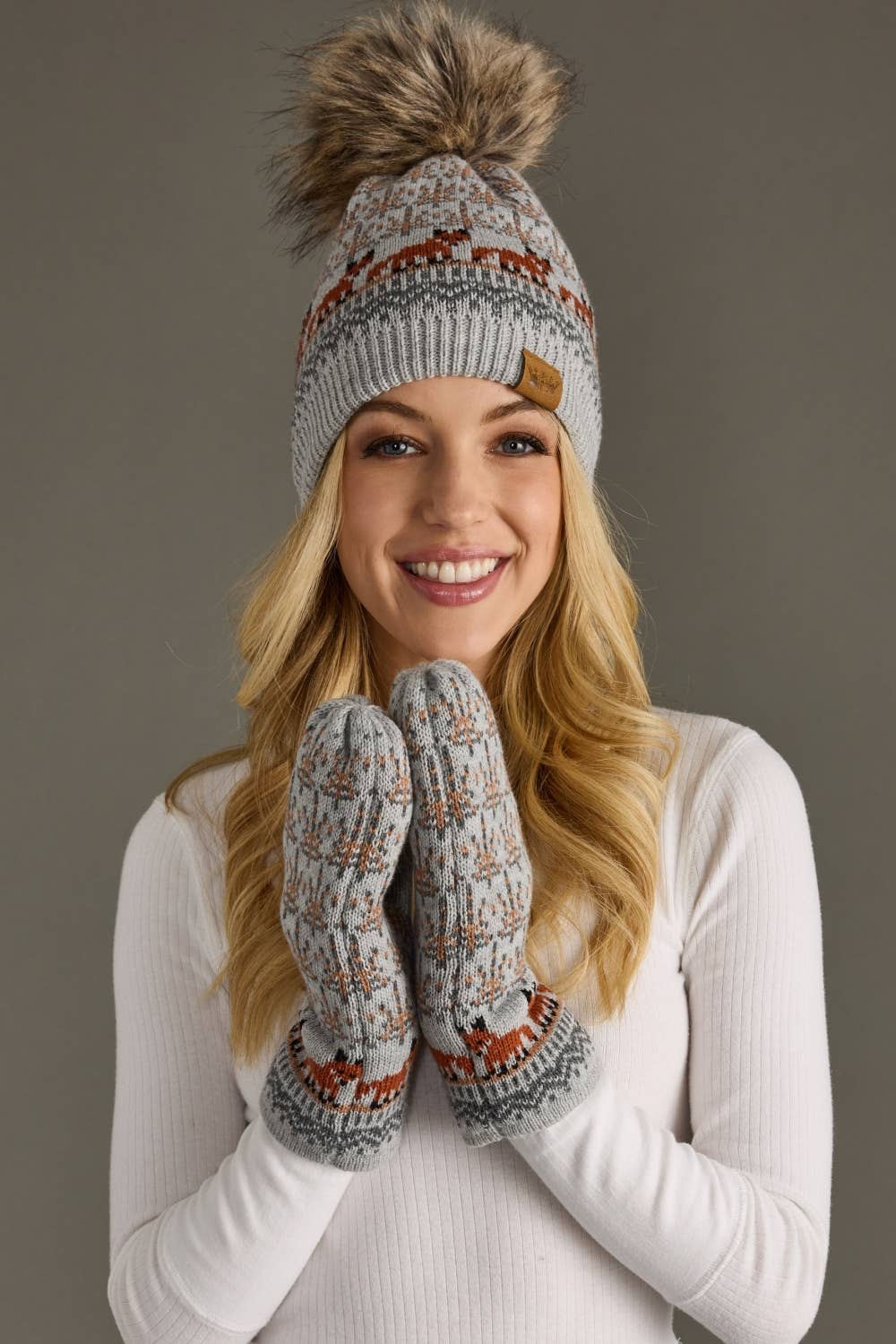 Gray Fox Pattern Pom Hat