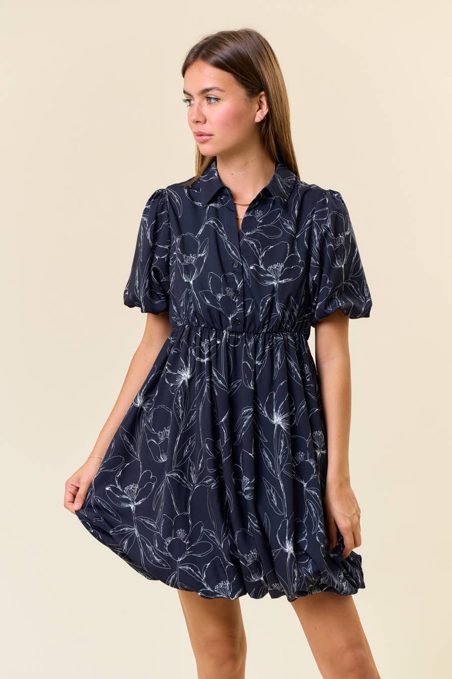 FLORAL PRINT SPLIT V-NECK BUBBLE HEM MINI DRESS