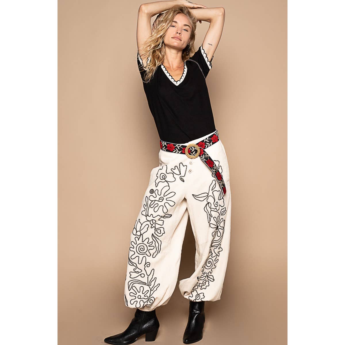 Floral embroidered pattern solid twill pants