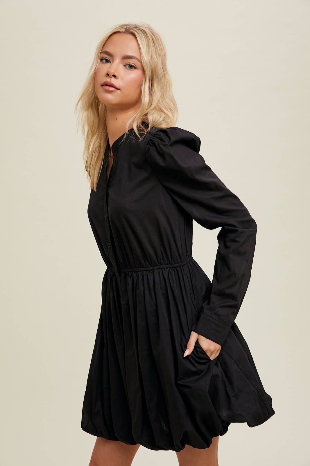 BUBBLE HEM BUTTON-UP MINI DRESS / WL24-9600