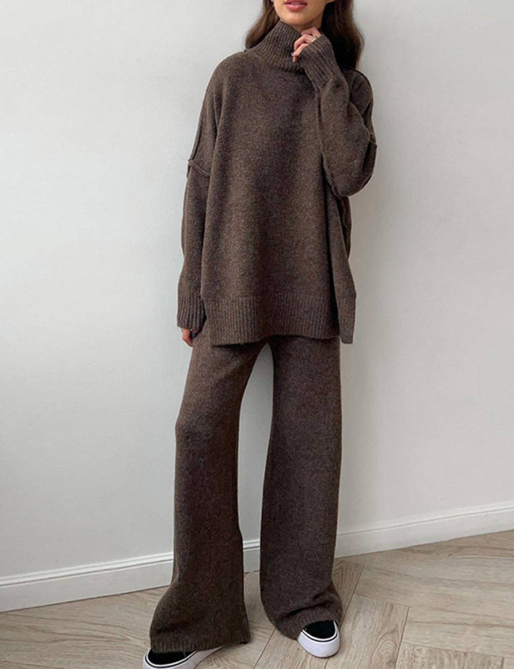 Loose High Collar Knit Set - Coffee