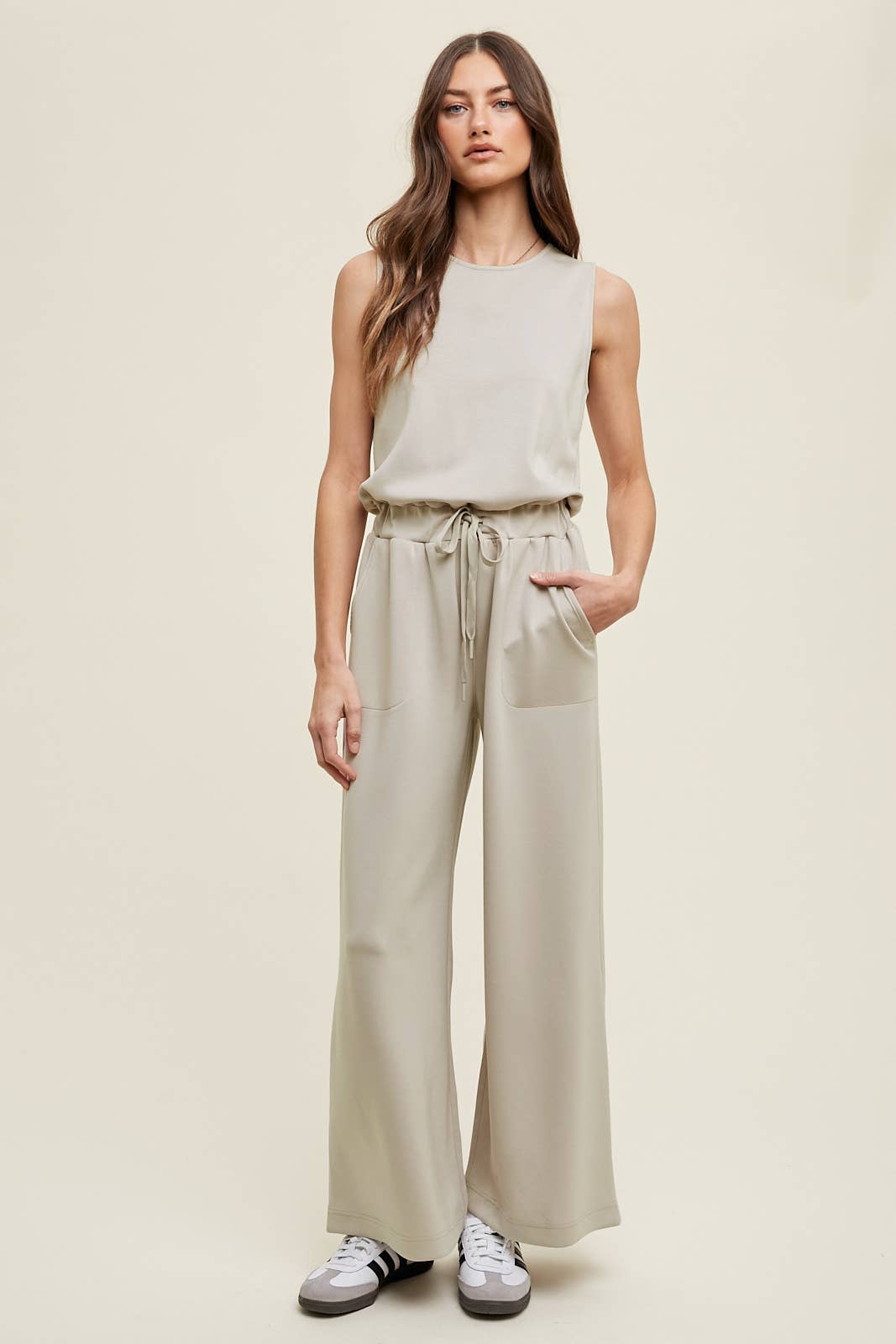 WIDE LEG SCUBA JUMPSUIT WITH DRAWSTRING / WL24-8523