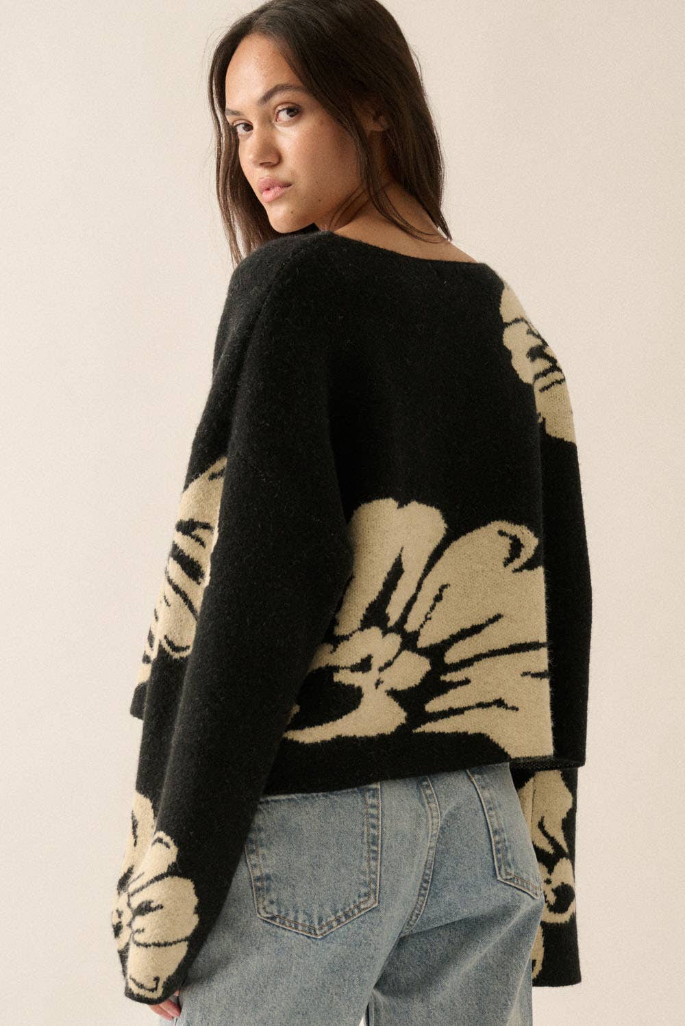 Solid Contrasting Floral Sweater