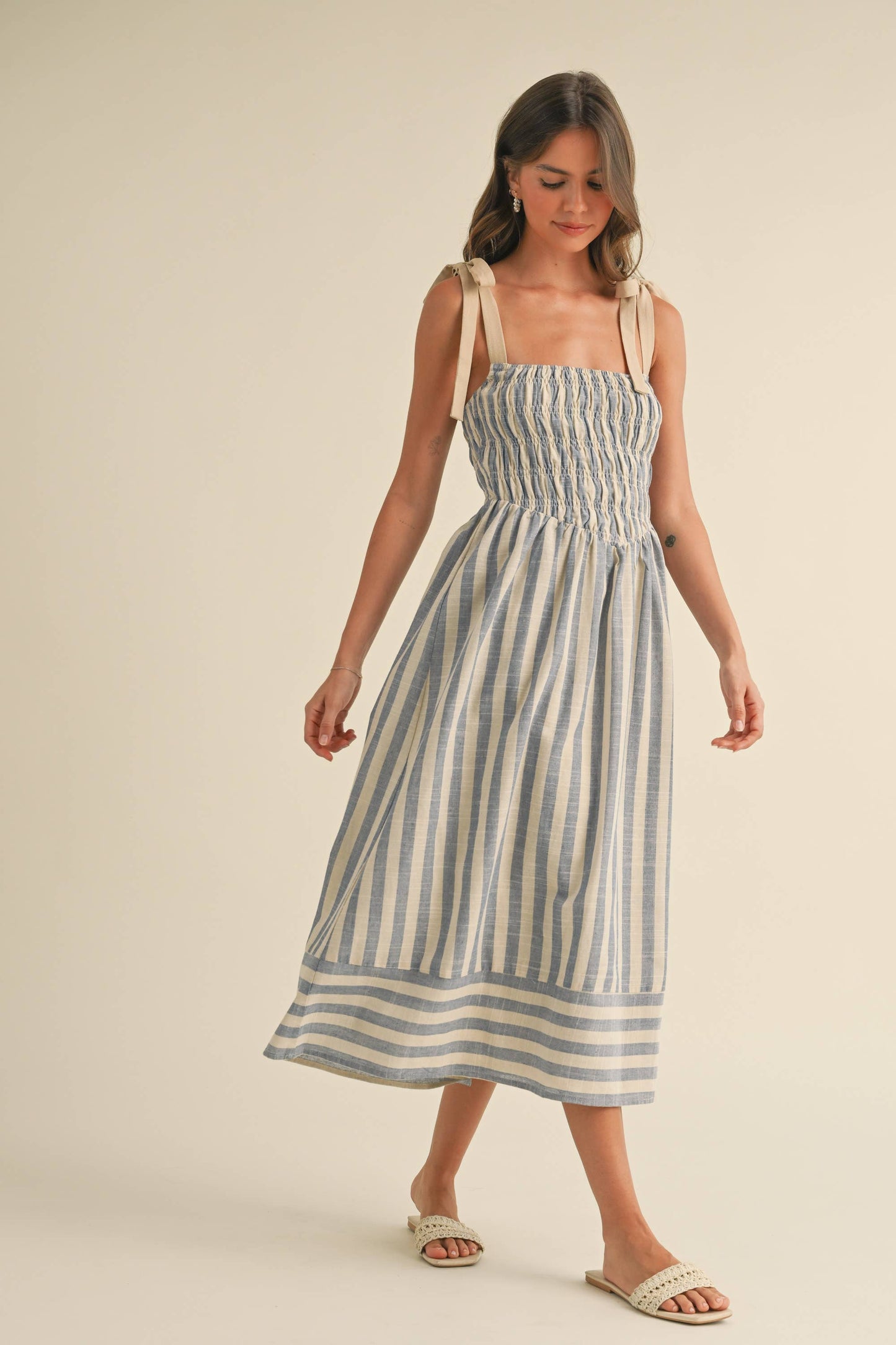 STRIPED CHEVRON WAIST SMOCKED TOP TIE STRAP MIDI