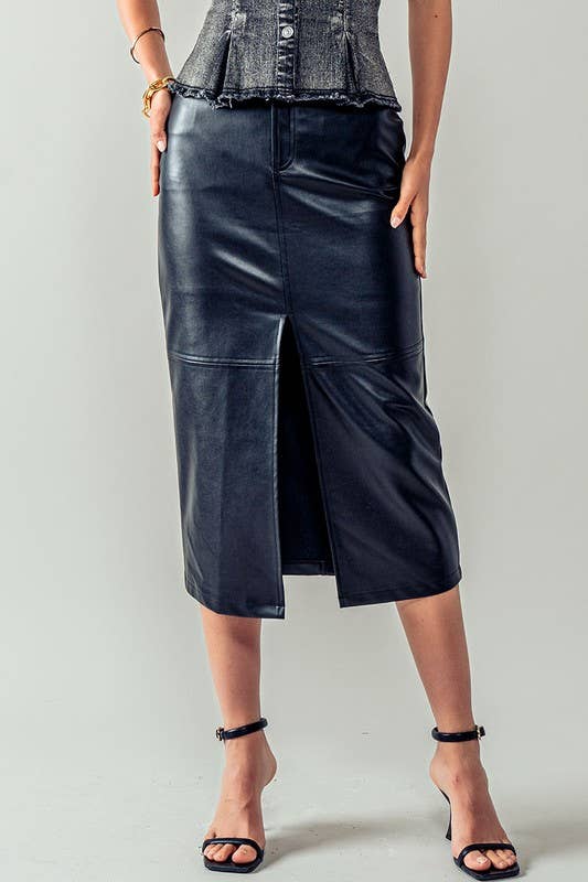 Faux Leather Front Slit Midi Skirt