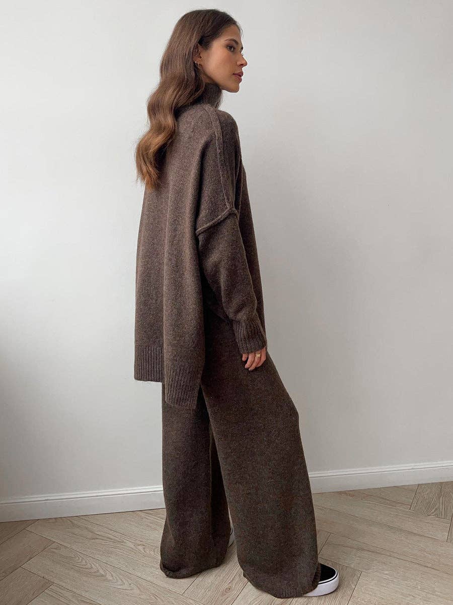 Loose High Collar Knit Set - Coffee