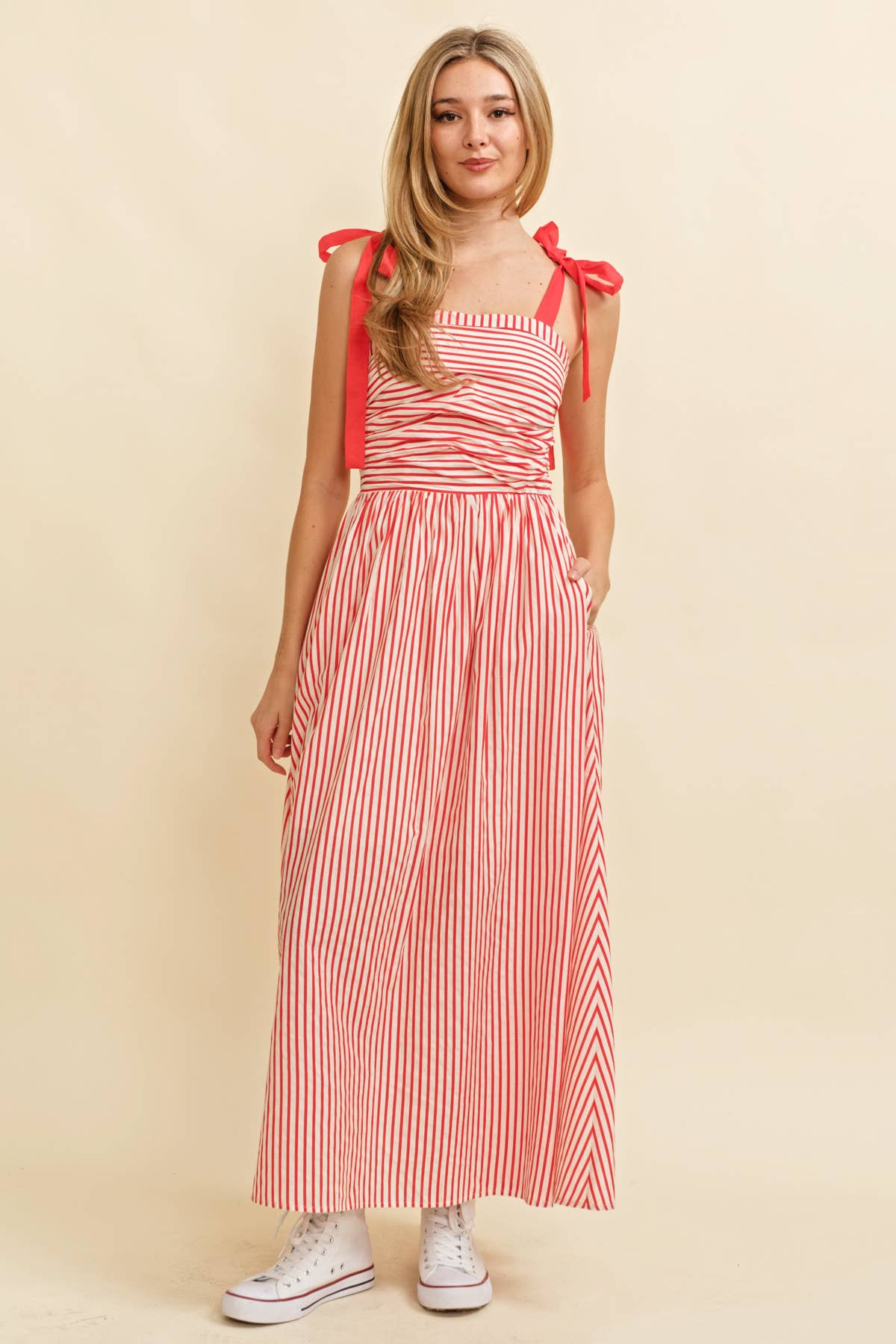 CD13260A - SHOULDER TIE STRIPED MAXI DRESS