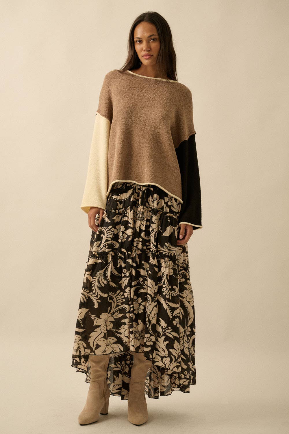 Floral-Print Buttoned Tiered Ruffle Maxi Skirt