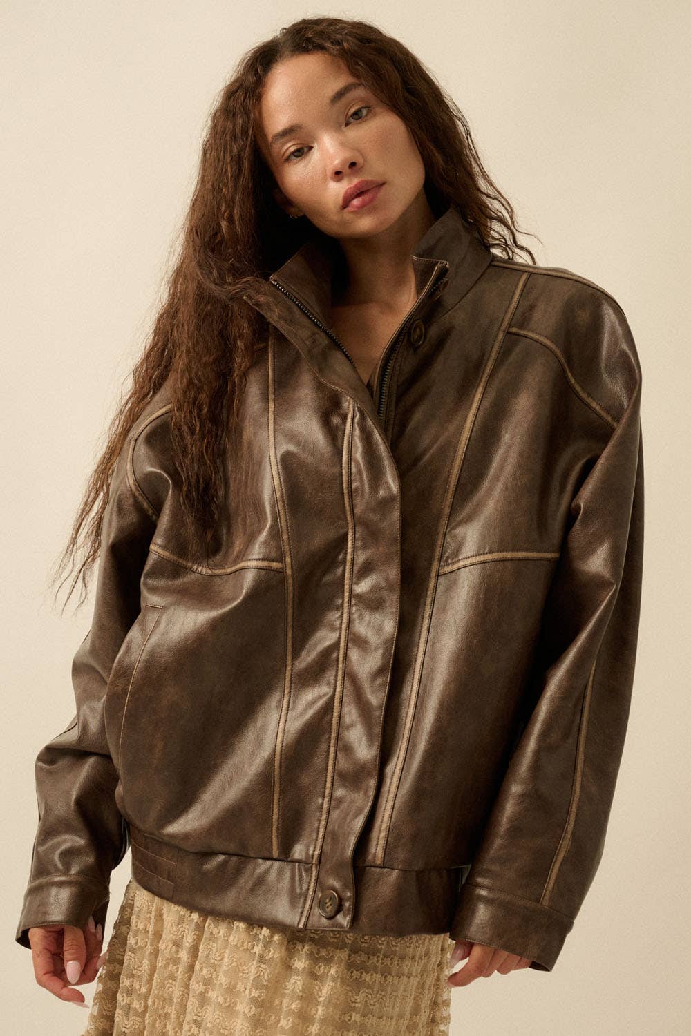 Faux Leather Piping-Trimmed Zip-Up Jacket