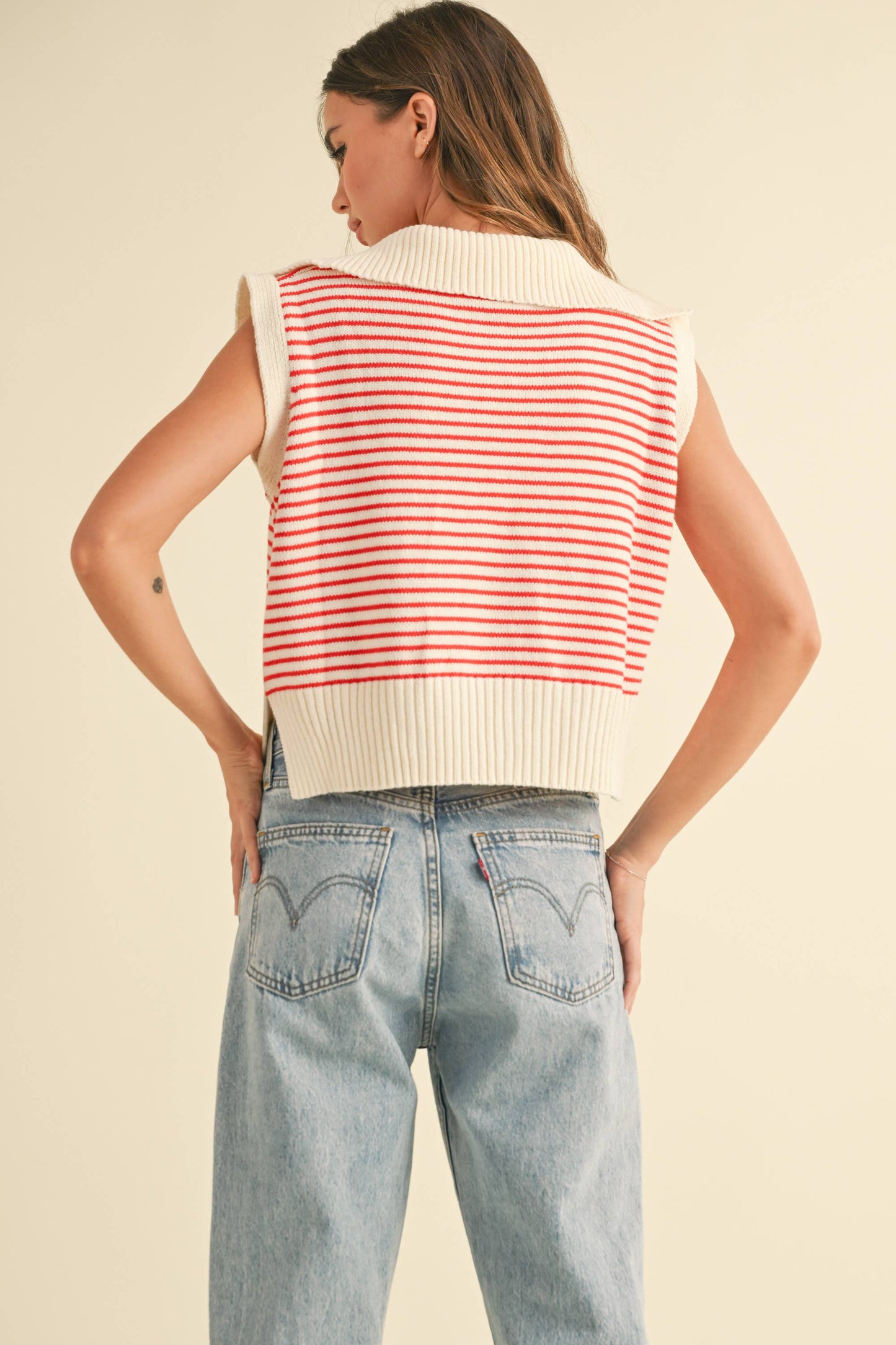 T3789 V-NECK STRIPE COLLAR KNITTED TOP