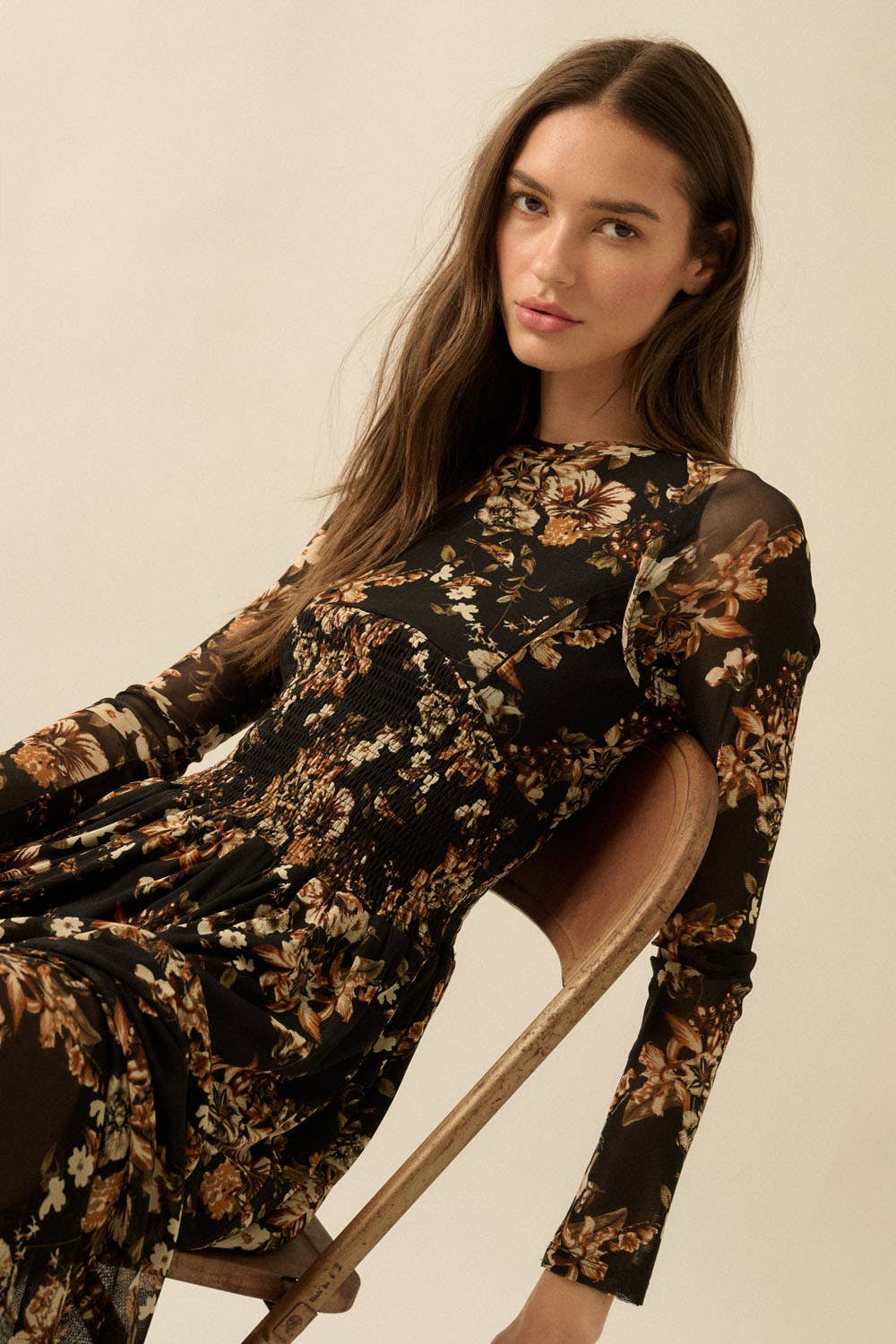 Floral Mesh Smocked Long-Sleeve Midi Dress