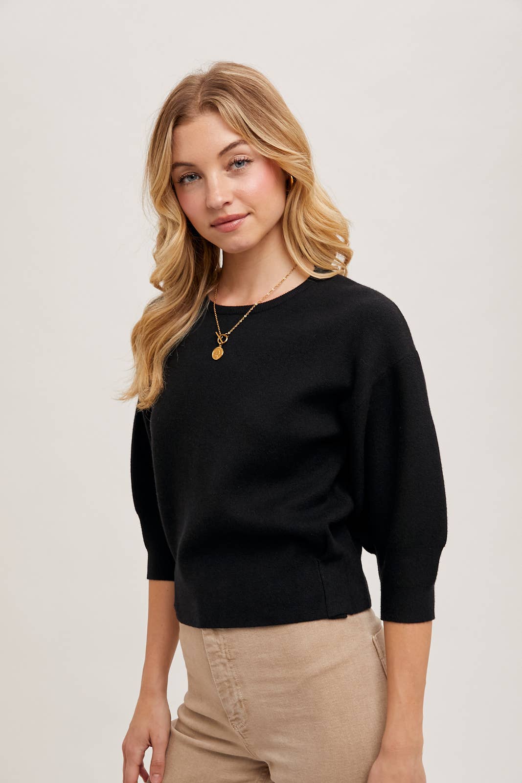 PUFFED 3/4 SLEEVED KNIT SWEATER TOP