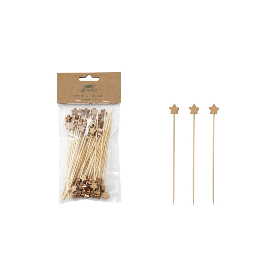 Bamboo Single Use Skewers with Star Shaped Handles, Set of 50