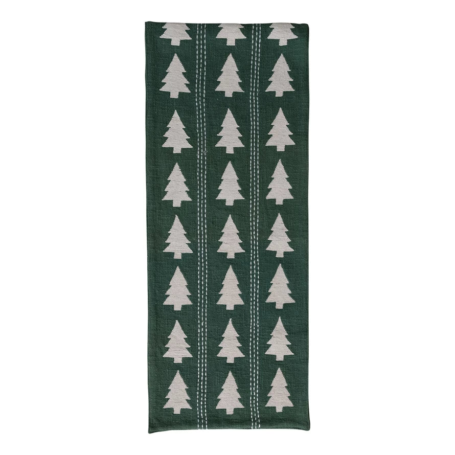 Table Runner with Trees Pattern, Embroidery & Stitching, Green & Natural