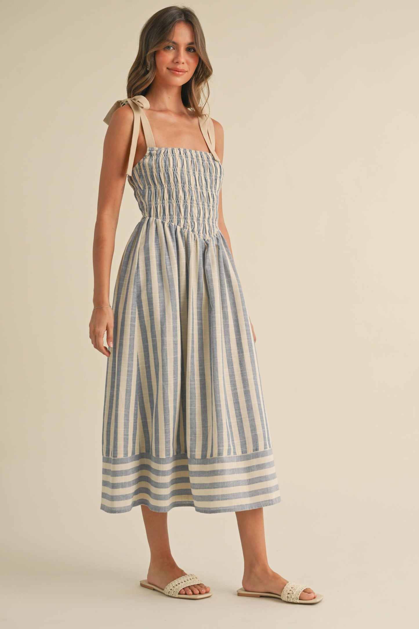 STRIPED CHEVRON WAIST SMOCKED TOP TIE STRAP MIDI
