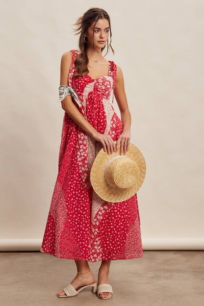 Patchwork Tie Strap Cotton Maxi Dress LD1625