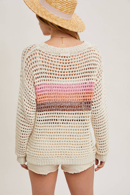 COLOR BLOCK OPEN KNIT SWEATER PULLOVER WITH NO LINIG