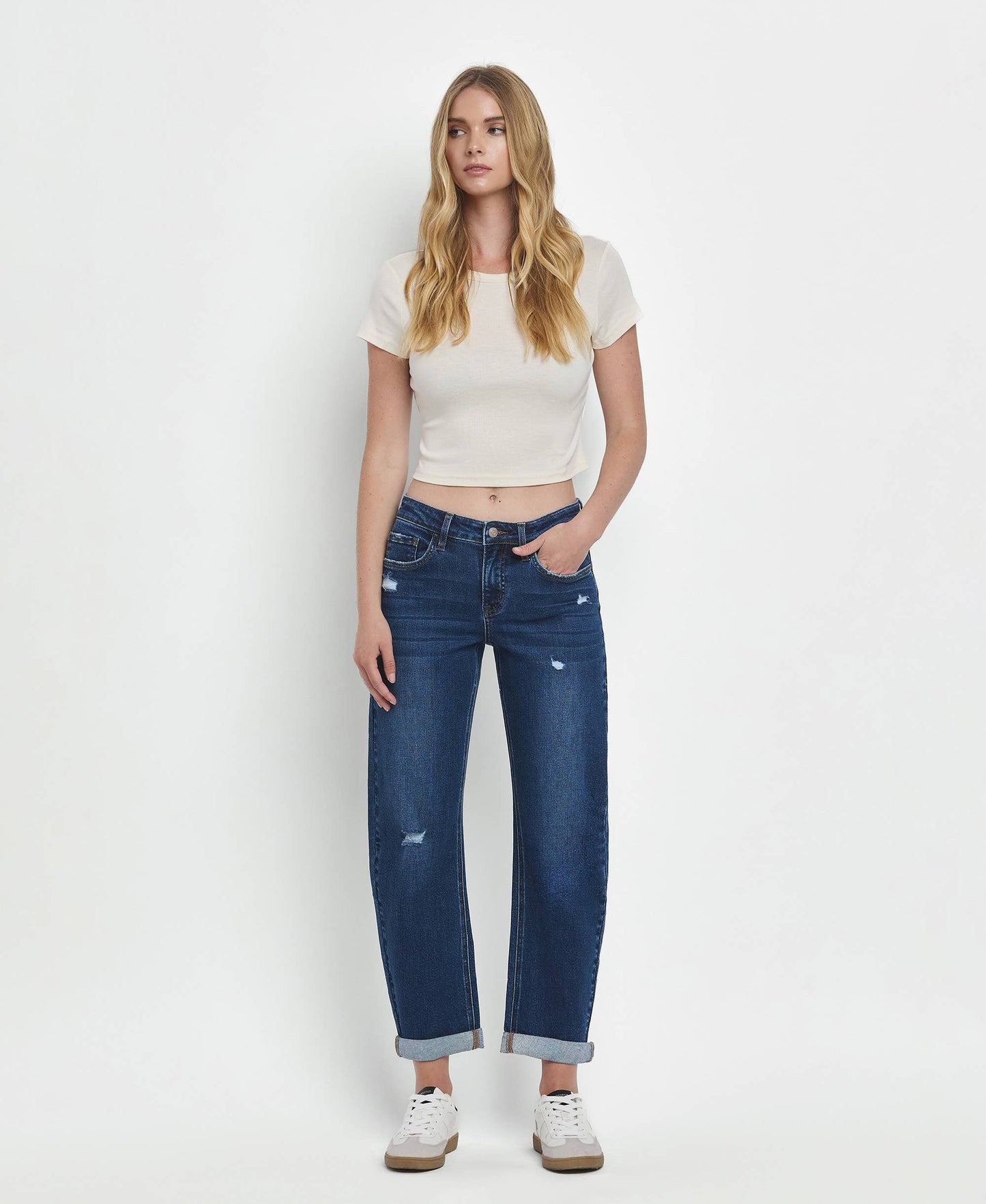 MID RISE DOUBLE CUFFED HEM BARREL LEG JEANS LV1490