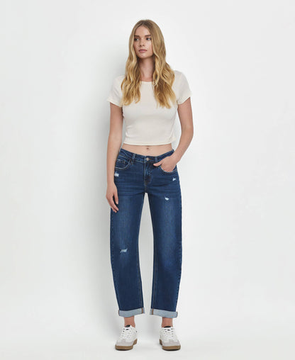 MID RISE DOUBLE CUFFED HEM BARREL LEG JEANS LV1490