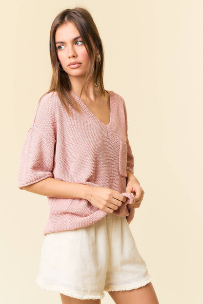 V-Neck Dropped Short Sleeve Exposed Seam Sweater - 44339T