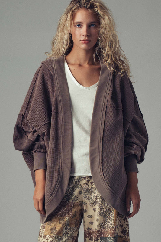Washed Waffle Knit Hooded Cardigan