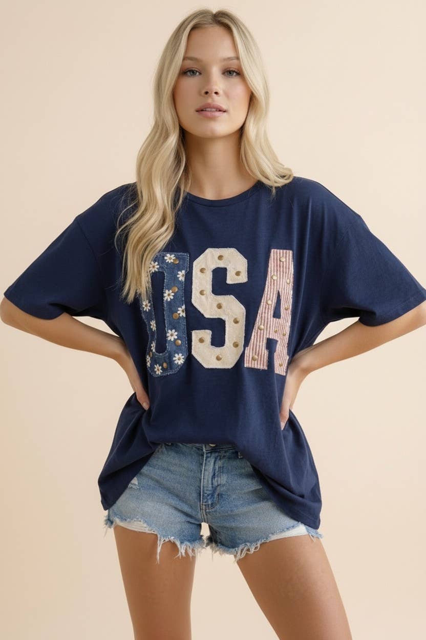Mixed-Media Studded USA Graphic Tee