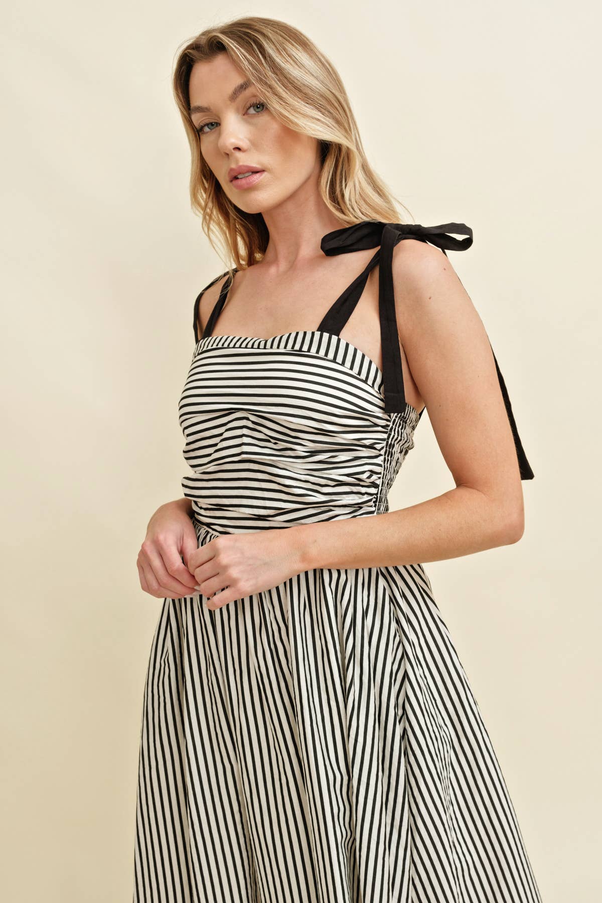 CD13260A - SHOULDER TIE STRIPED MAXI DRESS