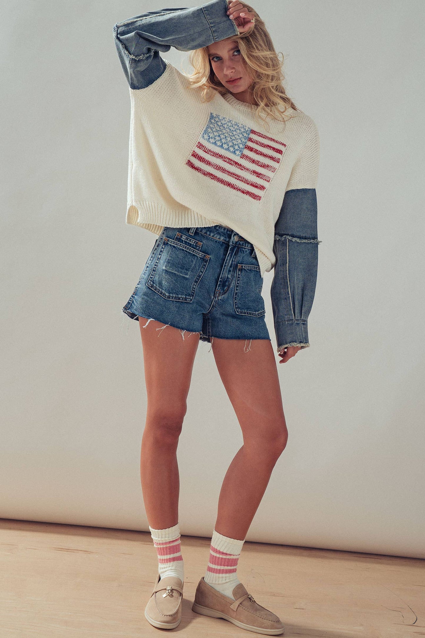 American Flag Mixed Media Denim Sleeve Sweater