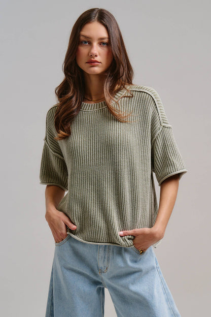 Mineral Wash Exposed Seam Short Sleeve Sweater