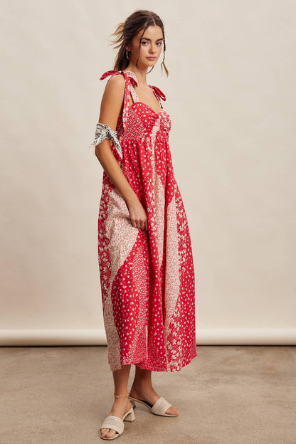 Patchwork Tie Strap Cotton Maxi Dress LD1625