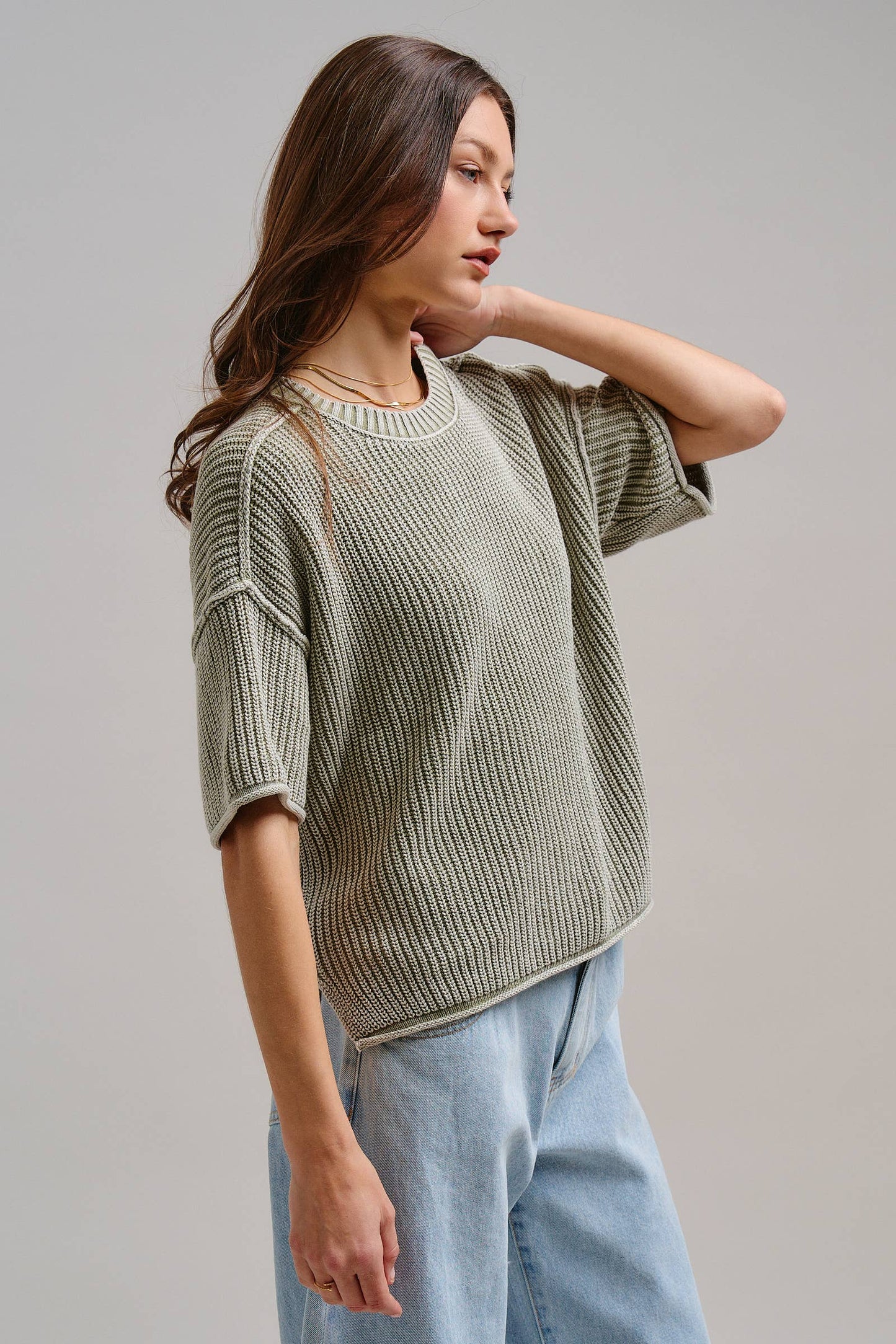 Mineral Wash Exposed Seam Short Sleeve Sweater