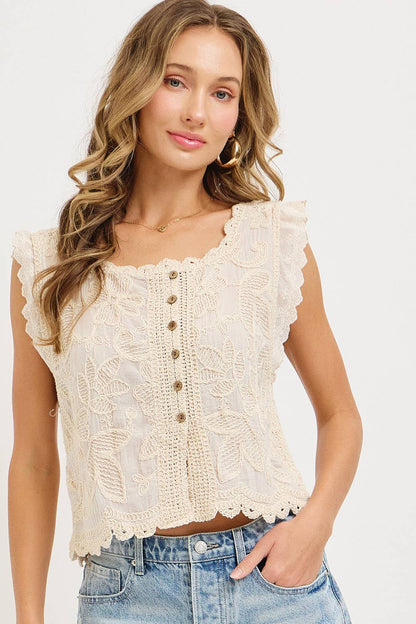 COTTON GAUZE FLORAL EMBROIDERY CROCHET BOHO  TOP