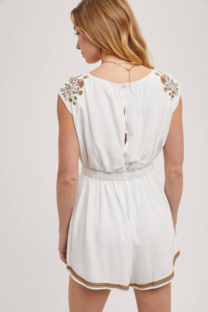 EMBROIDERED FLORAL WHITE DRAWSTRING ROMPER