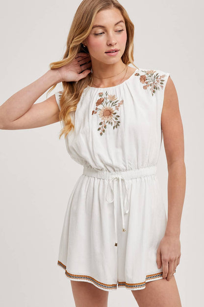 EMBROIDERED FLORAL WHITE DRAWSTRING ROMPER
