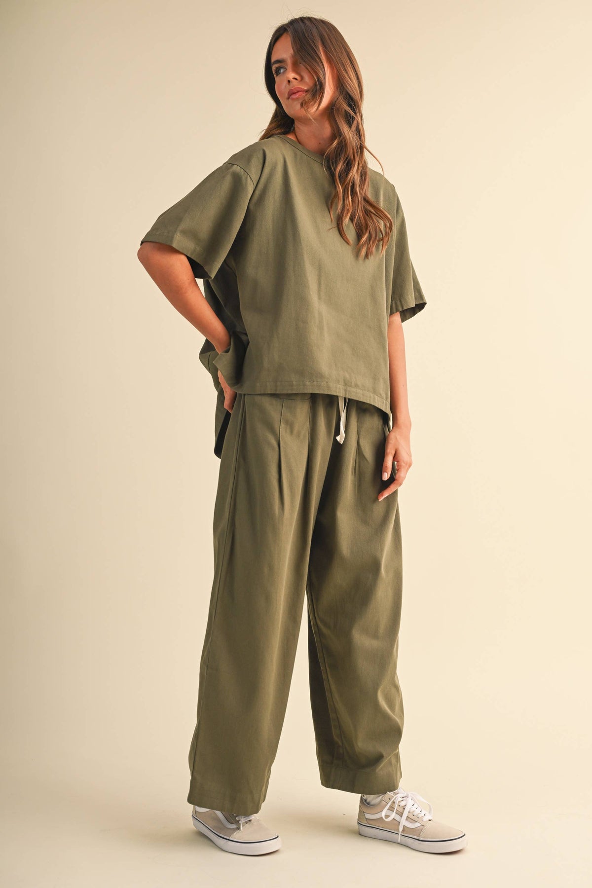 IST6073 RELAXED FIT TOP AND WIDE LEG CROPPED PANTS SET