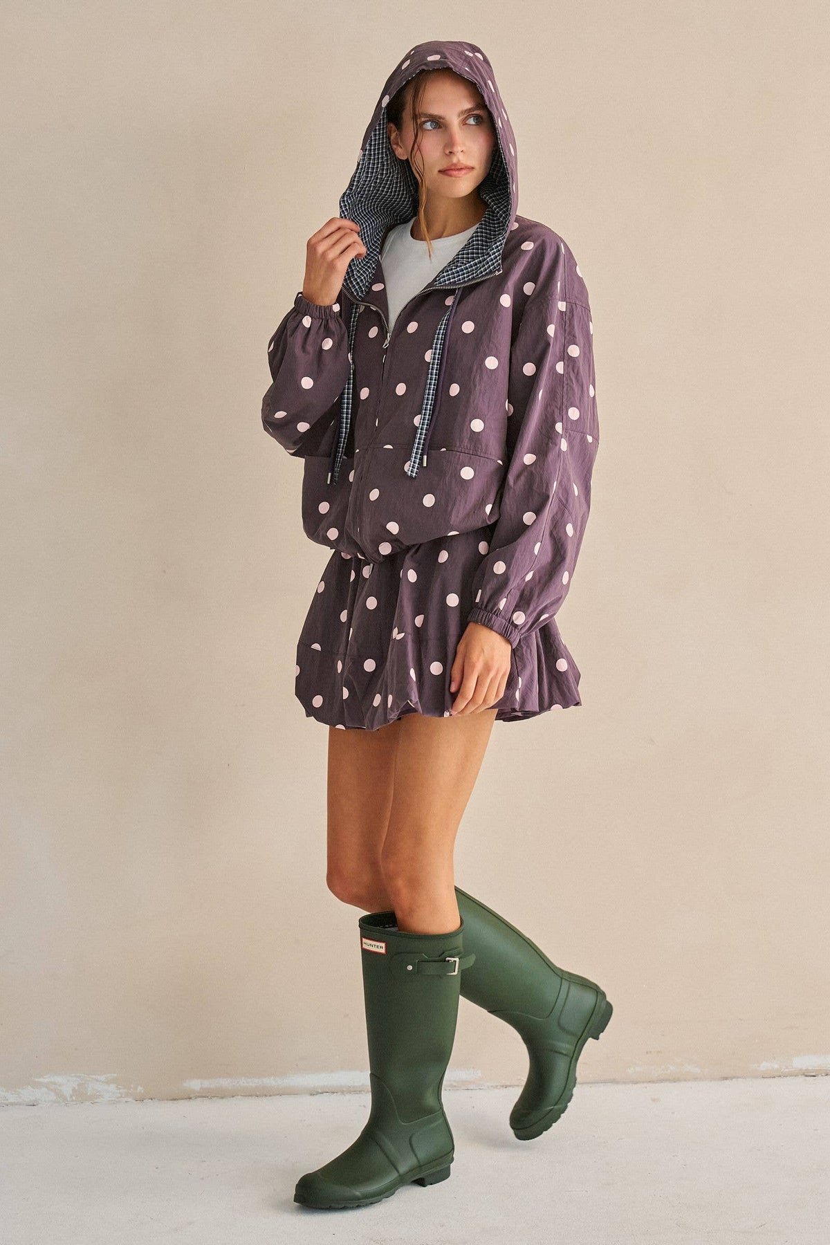 POLKA DOT DRAWSTRING HOODED JACKET