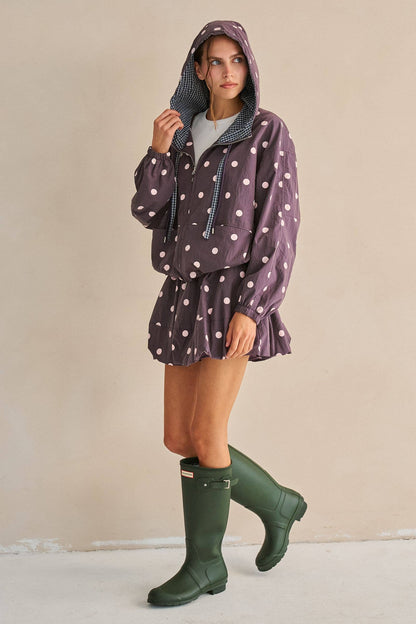 POLKA DOT DRAWSTRING HOODED JACKET
