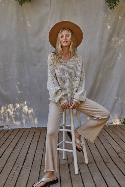Sweater Knit Crochet Round Neck Long Sleeve Top
