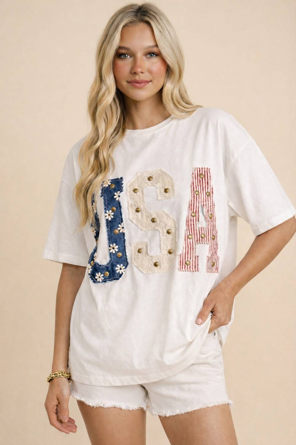 Mixed-Media Studded USA Graphic Tee
